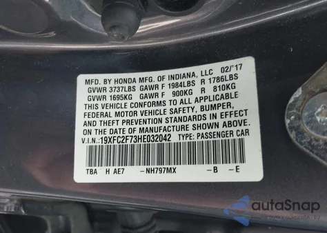 2017 Honda Civic Ex z USA, uszkodzony, nr VIN 19XFC2F73HE032042